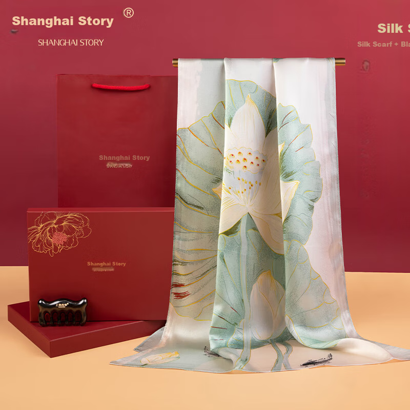 Shanghai Story Silk Scarf for Women with Ebony Wood Massage Comb Gift Box 100% Mulberry Silk Satin Scarf Practical Birthday Gift