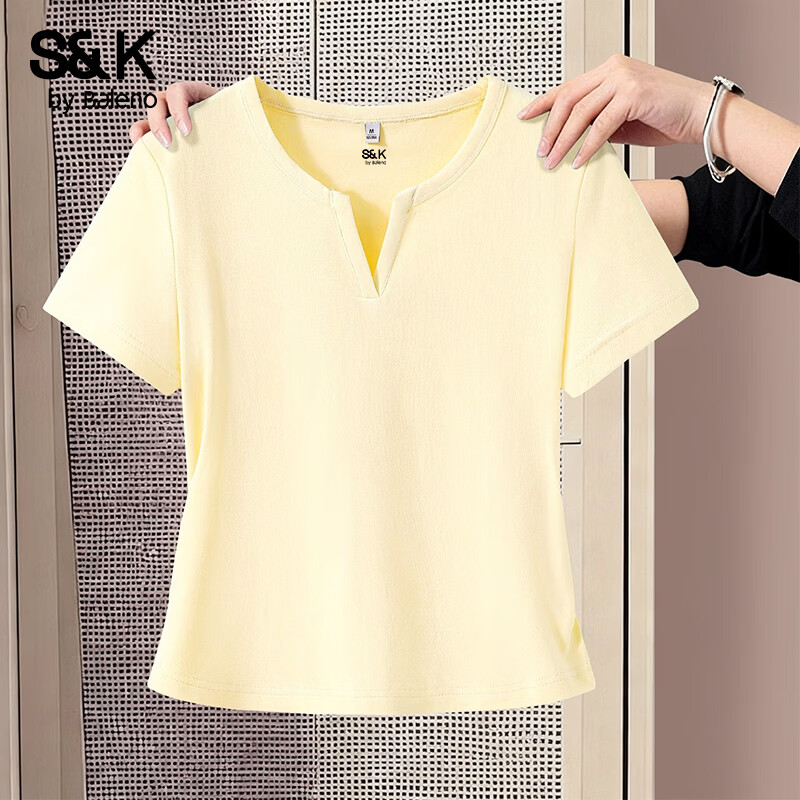 Baleno S&K Women's Slim Fit Casual V-Neck Short Sleeve T-Shirt Summer 2026 Simple Short Workwear Top