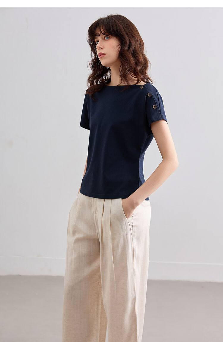 Demana [Cool Sorona] Summer Elegant Off-Shoulder Raglan Sleeve Button Decor Slim Fit Petite Women's T-Shirt 20