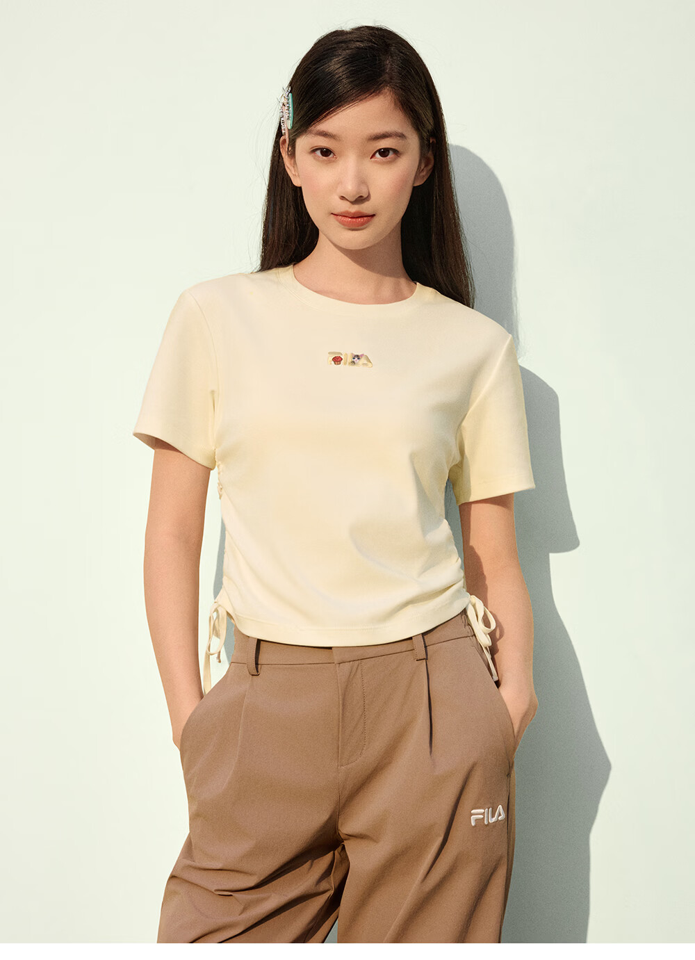 FILA Yang Mi Same Style Knitted Short Sleeve Shirt Women 2026 Summer Side Drawstring Fashion Casual Embroidered Logo Slim T-Shirt 25