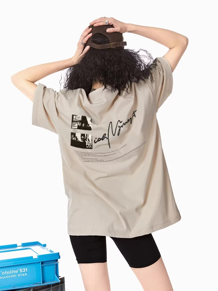 ICH MODE 260G Heavyweight Trendy Back Print Oversize T-Shirt Women Top Apricot L 6