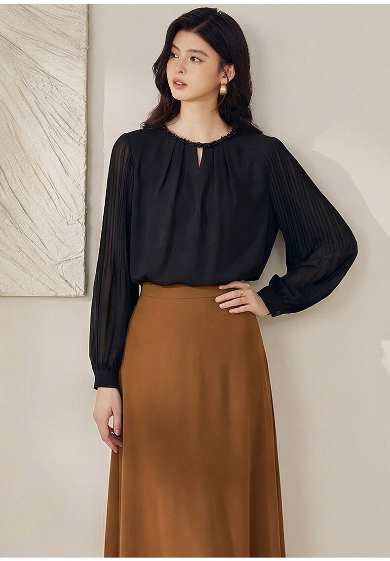ROEYSHOUSE Elegant Satin Spliced Chiffon Shirt for Women Spring Light Luxury Hollow Out Top 13643 Black S 5