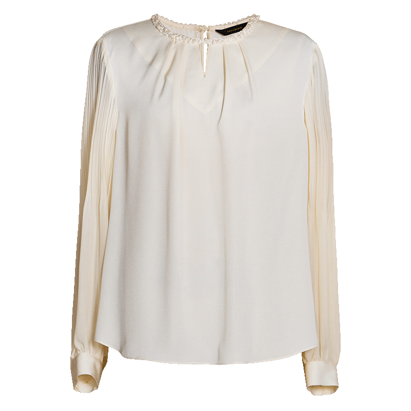 ROEYSHOUSE Elegant Satin Spliced Chiffon Shirt for Women Spring Light Luxury Hollow Out Top 13643 Off-White S
