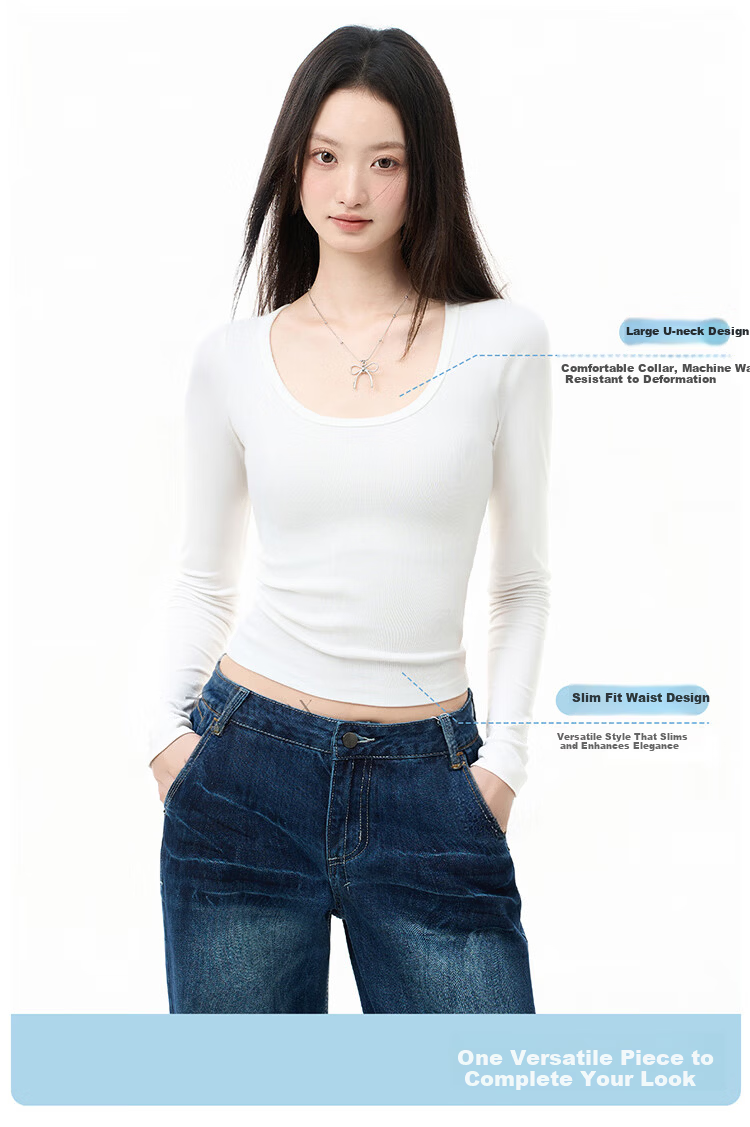Ordifen Women's Fashion Large U-Neck Base Shirt 91% Xinjiang Cotton Spring Autumn Knit Brushed Long Sleeve Slim High Elasticity T-Shirt L 2
