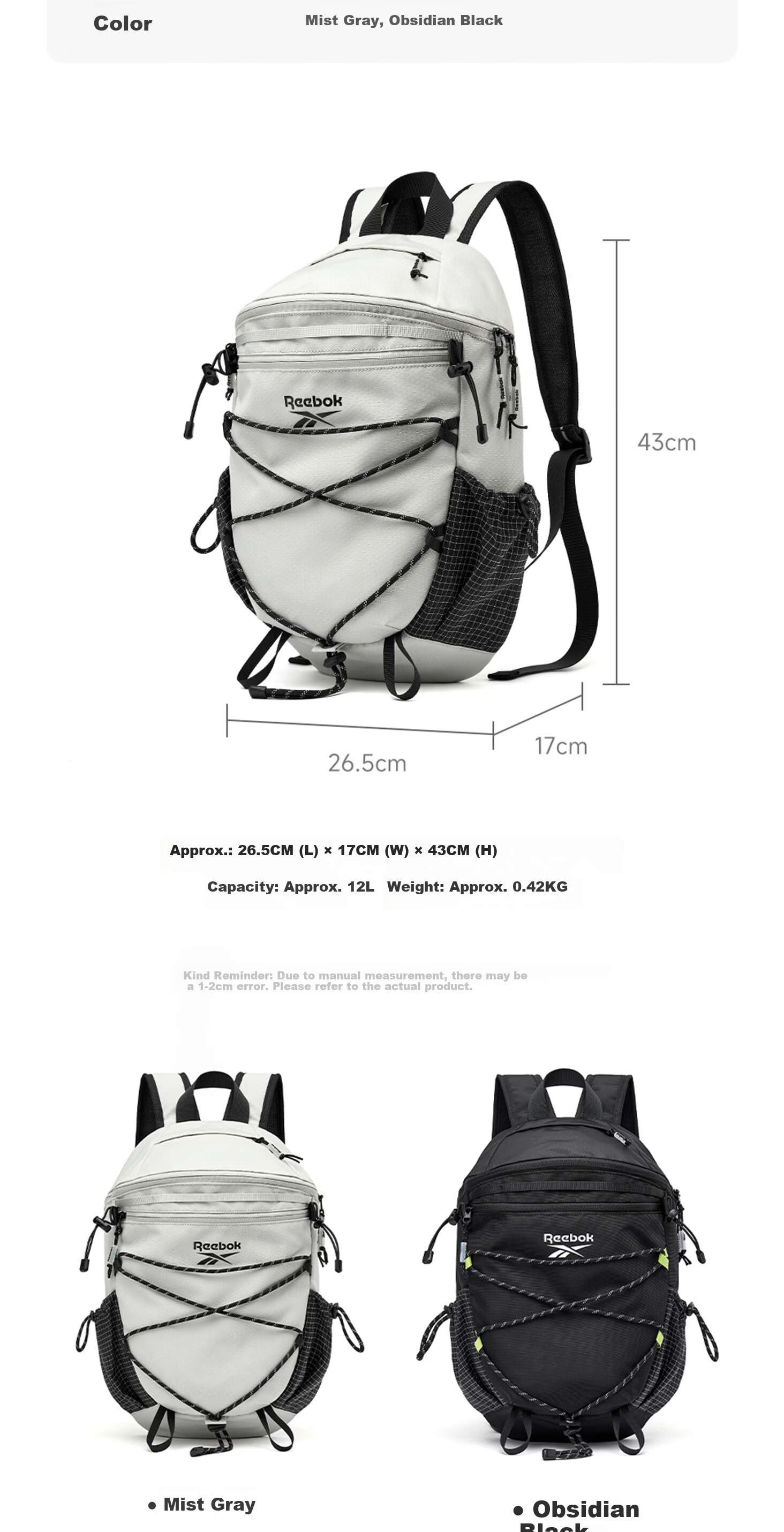 Reebok Lightweight Sports Men's Backpack Outdoor Travel Hiking Mountaineering Water-Resistant Mountain Bag for Women 1