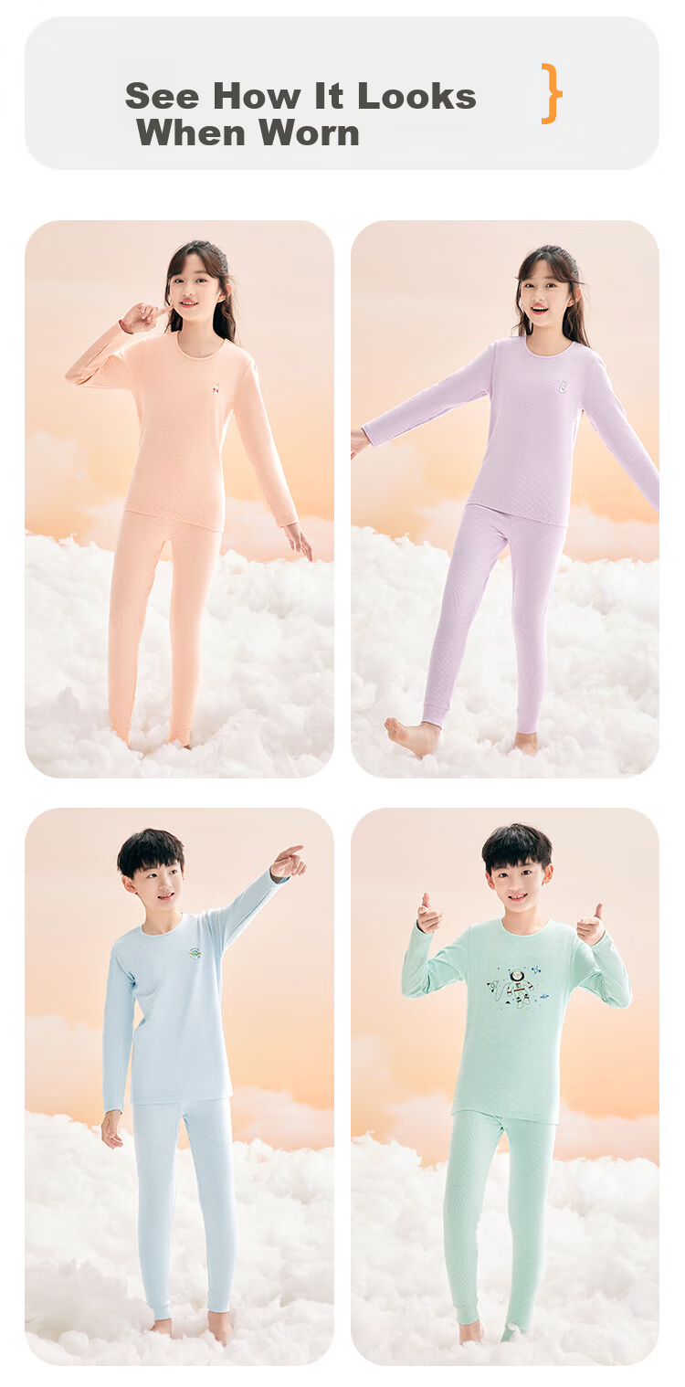 Hodohome Boys' Autumn Thermal Underwear Set, Class A Cotton-Spandex Striped Print, Blue 140cm 4