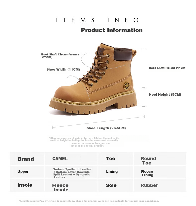 CAMEL [Shanyue] Women's Work Boots Trendy Thick-Soled Martin Boots L25W076018R Earth Yellow (Suede Lining) Size 37 41