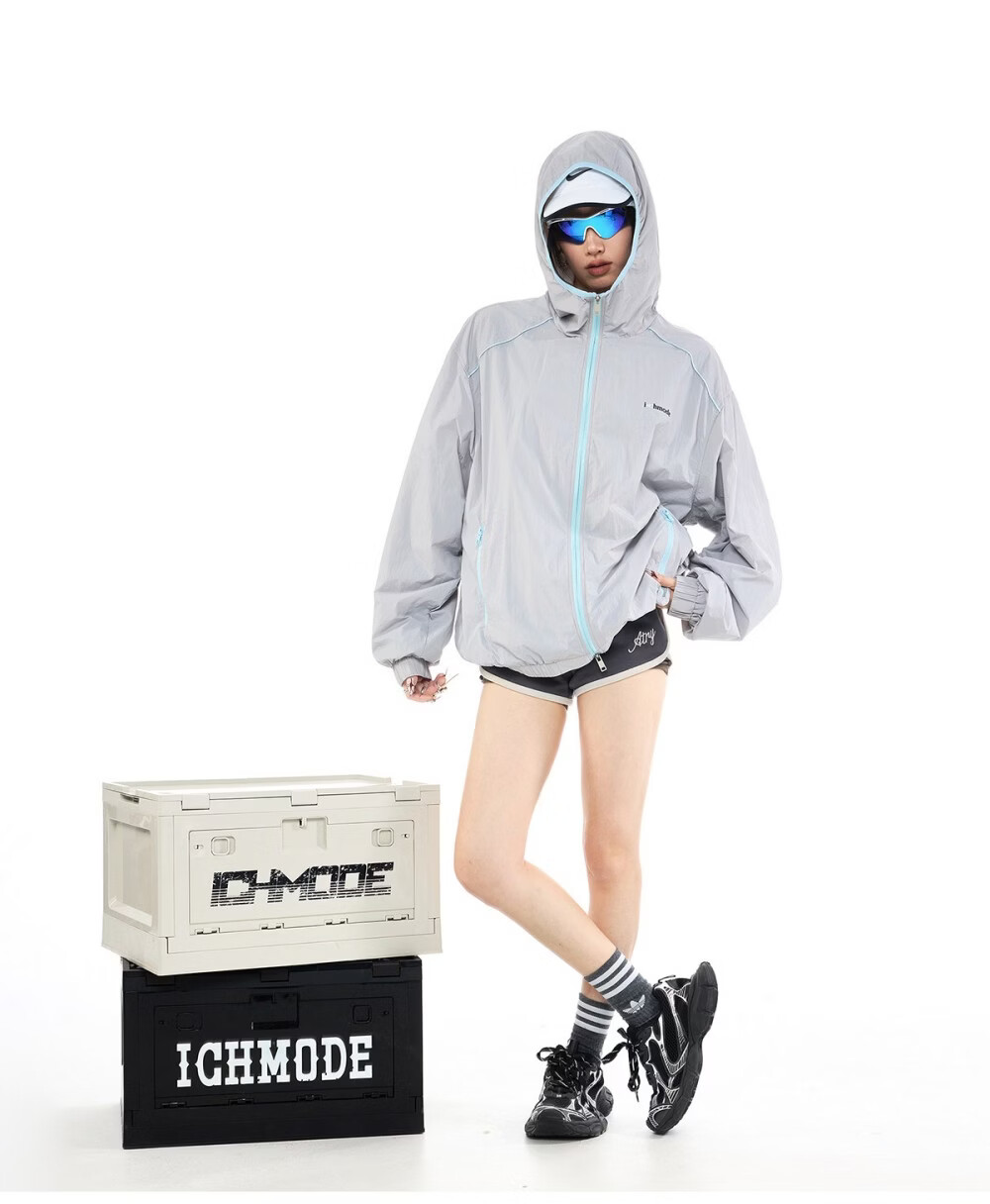 ICH MODE Colorblock Physical Sunscreen Jacket Women Spring Summer New Hooded UV Protection Coat Light Blue M 15