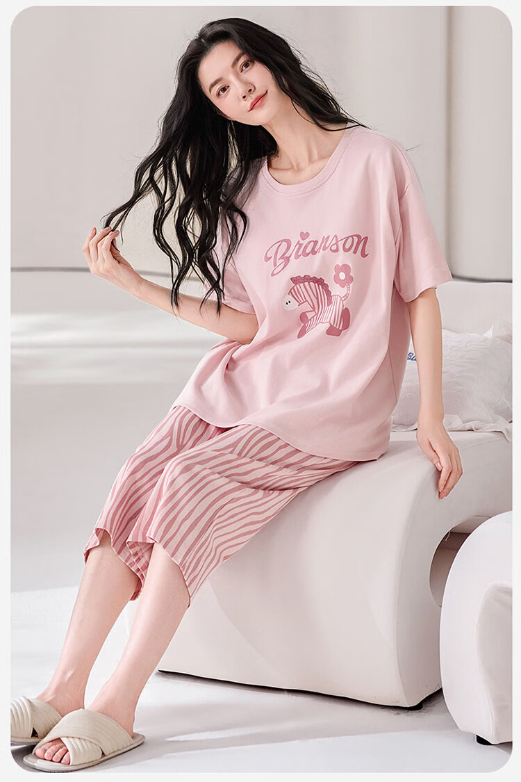 Langsha Women's Summer Pajamas 100% Cotton with Built-in Bra Short Sleeve and Capri Pants Homewear Set New Apricot Little Elephant 24