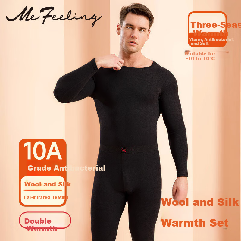 Me Feeling Wool Silk Thermal Underwear Men Winter Antibacterial Mite-Resistant Fleece Lined Quick Warm Slim Fit Plus Size Autumn Shirt and Pants Set