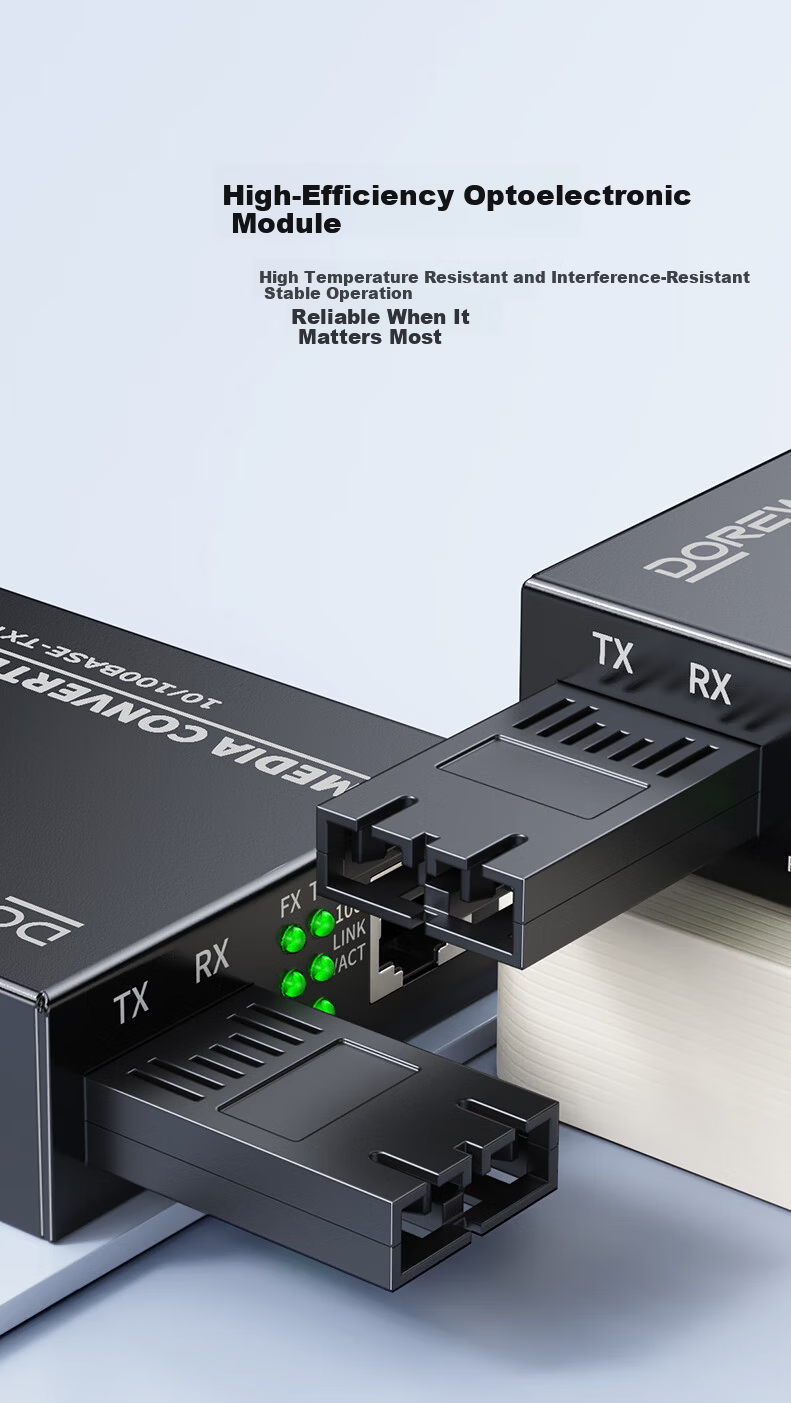DOREWIN 100Mbps Single-Mode Dual-Fiber Optical Transceiver Lightning Surge Protected Fiber to Ethernet Converter Network Monitoring SC Interface 20KM Single Unit 6