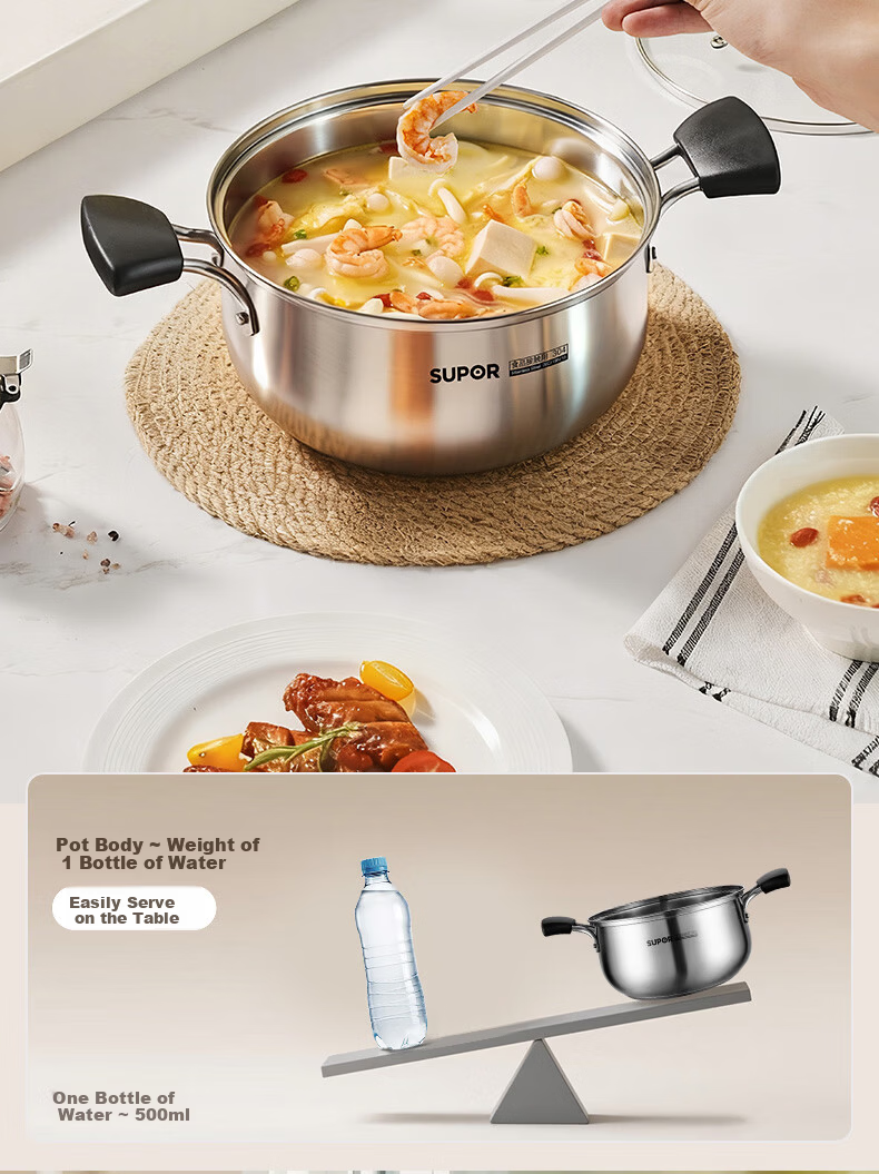 SUPOR Small Red Circle 304 Stainless Steel Soup Pot, Milk Pot, Noodle Cooking Pot, 24cm Noodle Cooking Pot with Reinforced Bottom, Compatible with Induction Cooker ST24H1 16