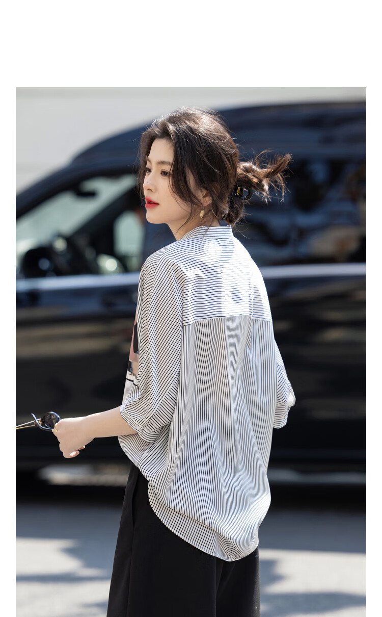 Demana Striped Overture Summer Elegant Stand Collar Short Sleeve Printed Loose Slimming Shirt for Women 11