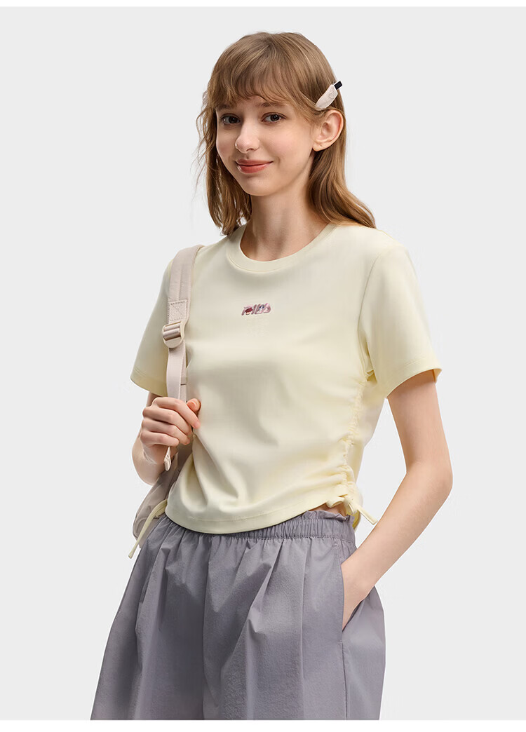 FILA Yang Mi Same Style Knitted Short Sleeve Shirt Women 2026 Summer Side Drawstring Fashion Casual Embroidered Logo Slim T-Shirt 60