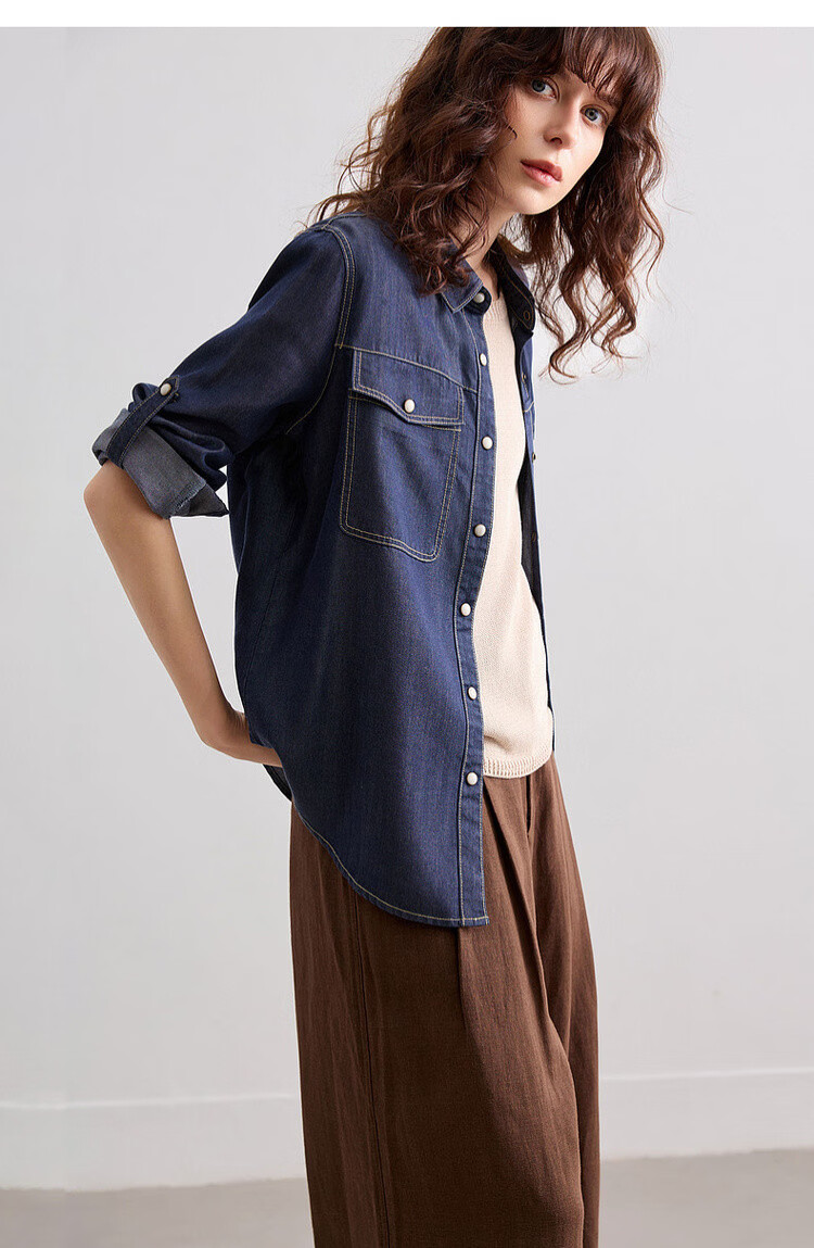 Demana [Cloud Oxygen Cotton] Spring Urban Style Contrast Piping Fleece-Lined Petite Women's Denim Shirt with Turn-Down Collar 16