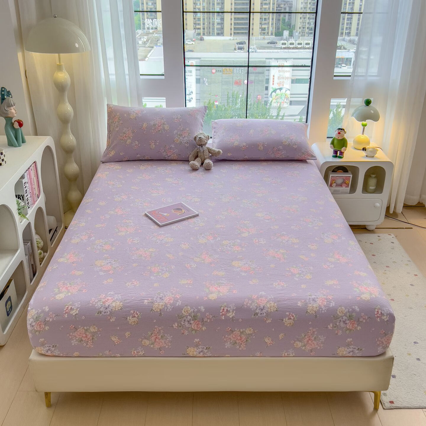 Hodo Class A Double-Layer Gauze Fitted Sheet Single Home Mattress Cover Bed Protector Full Wrap 150*200cm Purple