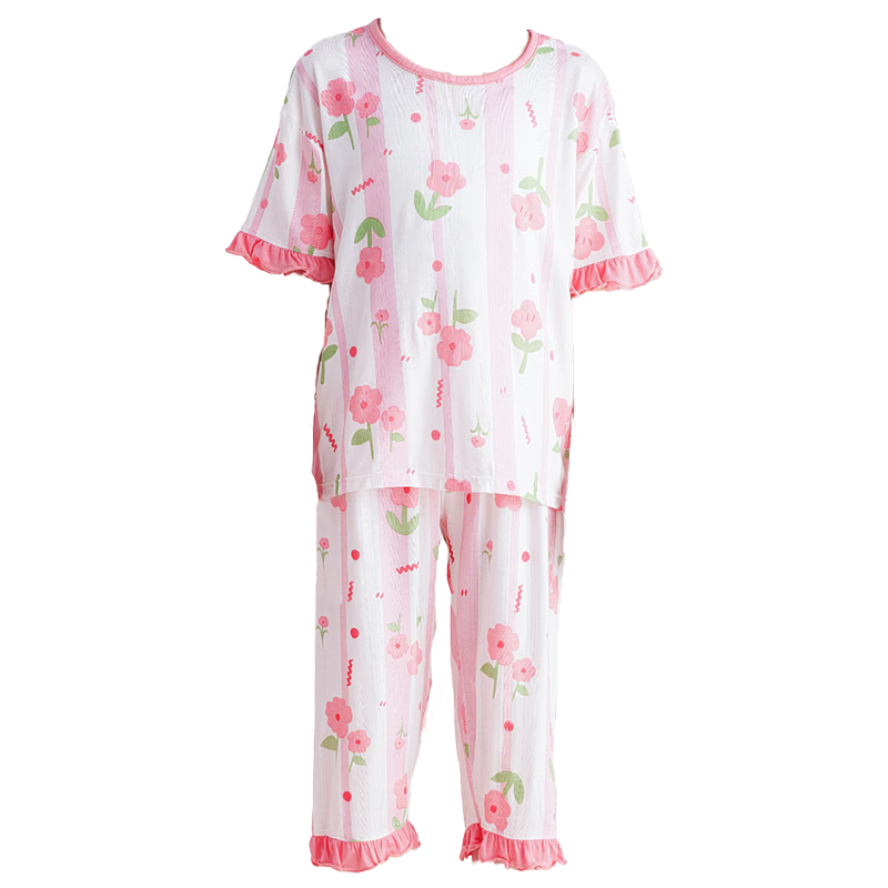 DEESHA [Ice Silk Smooth] Girls' Spring And Summer Pajamas, 7A Antibacterial Thin Short-Sleeve Top And Capri Pants, Air Conditioning Wear, Children's Loungewear