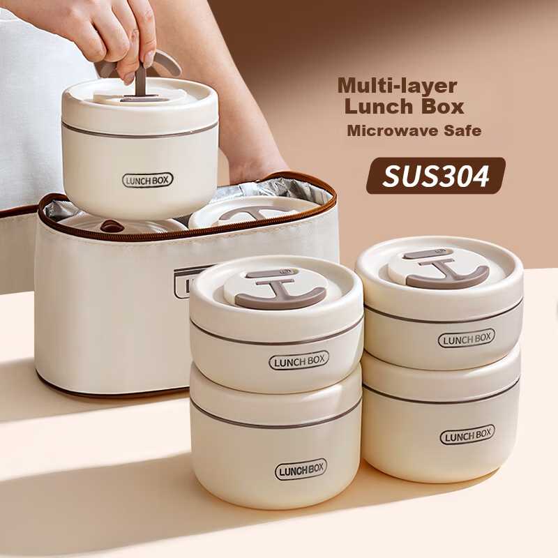 Ymer Stainless Steel Insulated Lunch Box Set - New Combo White 4-Pack + Insulated Bag + Cutlery (2 Large, 2 Small)