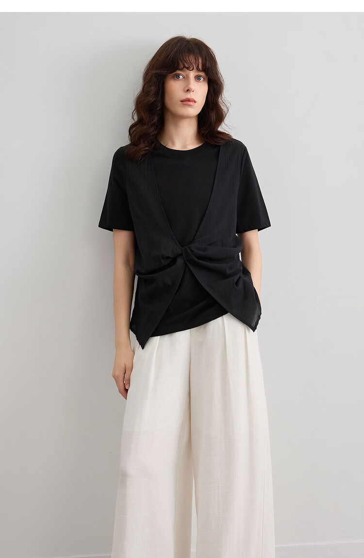 Demana [Comfort Sorona] Summer Fake Two-Piece Spliced Organza Round Neck Short Sleeve Slim Fit Petite Women's T-Shirt 15