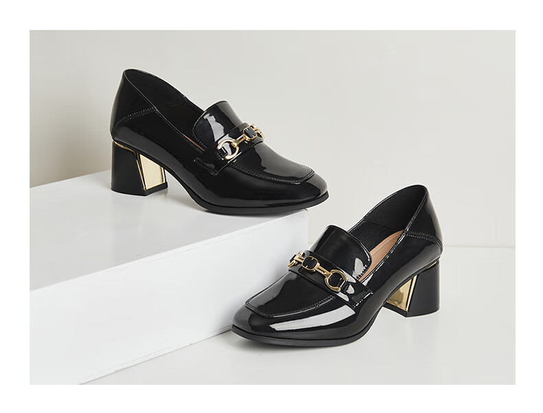 DAPHNE Women's Formal Leather Shoes, British Style Chunky Heel High Heels for Work, Business Commute Loafers, Black Size 34 18
