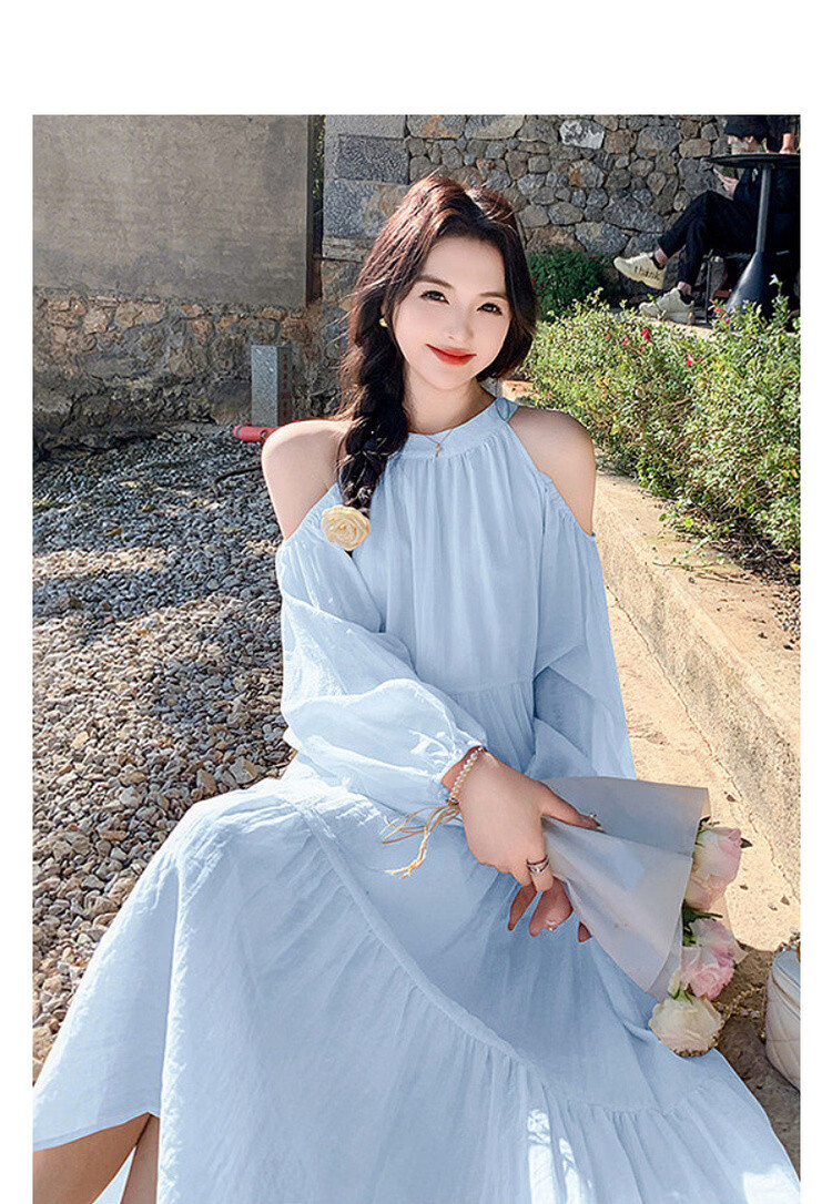 Mt Lightweight Holiday Series Spring Fresh Halter Neck Round Collar Off-Shoulder Lantern Sleeve Chiffon A-Line Women's Dress 3