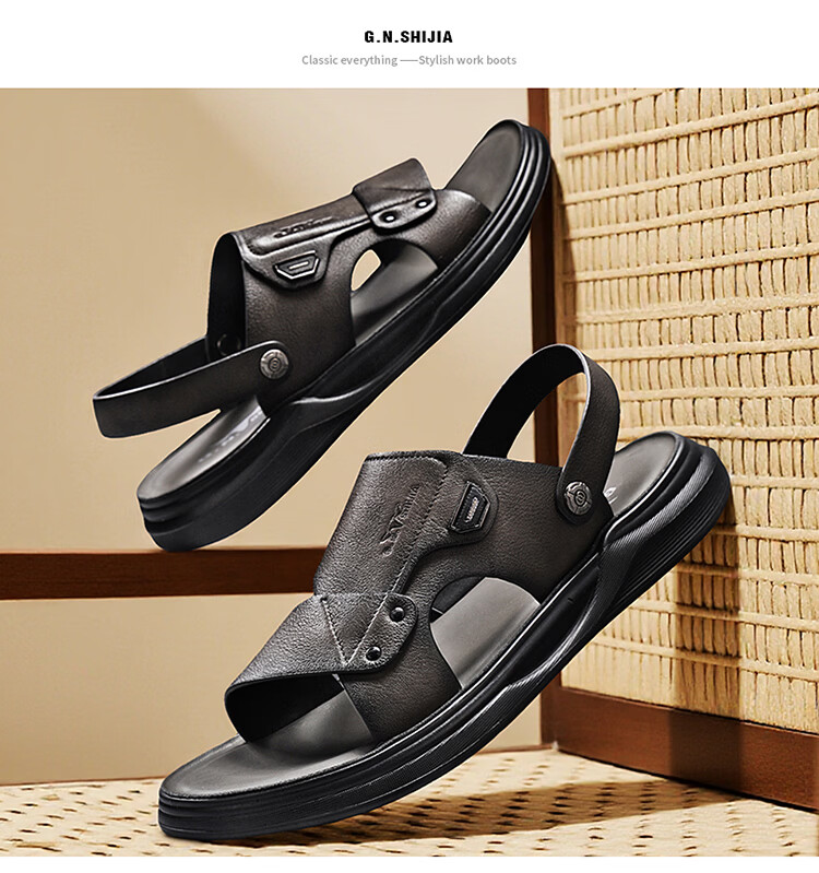 Bull Family Men's Leather Summer Sandals New Soft Sole Beach Shoes Casual Dual-Purpose Slippers Versatile Dad Shoes 20
