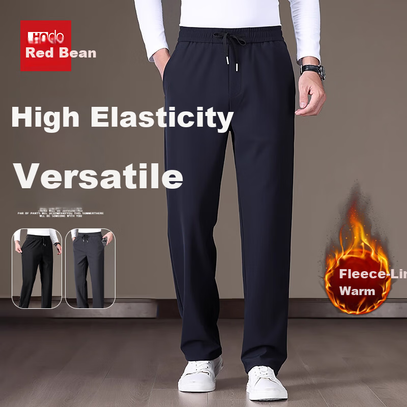 Hodo Men's Casual Pants Autumn Winter Fleece Lined Loose Warm Wrinkle-Resistant Stretch Straight Leg Trousers Black L