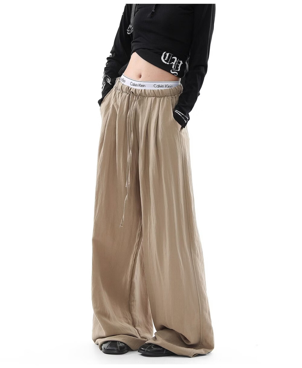 ICH MODE Women's Draped Linen Casual Pants New Loose Straight Wide-Leg Trousers Sports Pants Four Seasons Navy Blue S 24