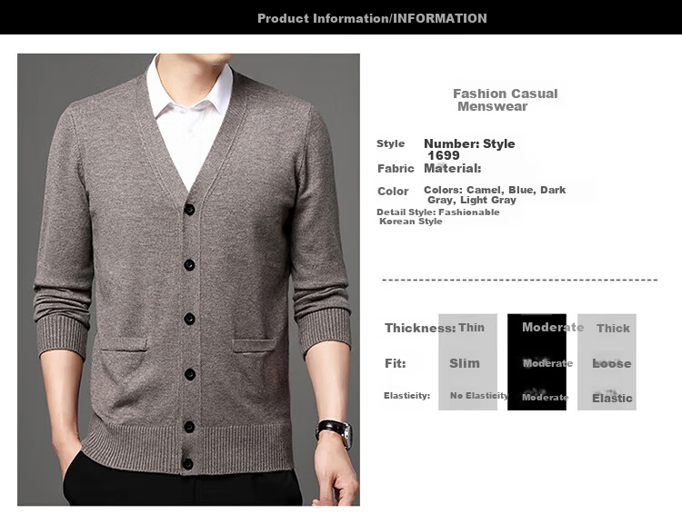 Hengyuanxiang Men's Knitted Cardigan Jacket Middle-aged and Elderly Autumn Winter Plus Size Thick Long Sleeve Sweater Light Gray L 3