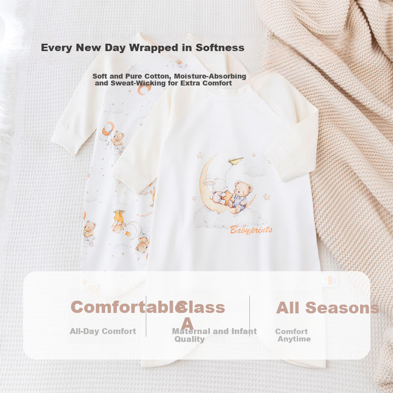 Babyprints Baby Cotton Long Sleeve Bathrobe Unisex Infant One-piece Pajamas Anti-kick Quilt Four Seasons Sleeping Bag Full Print Size 73