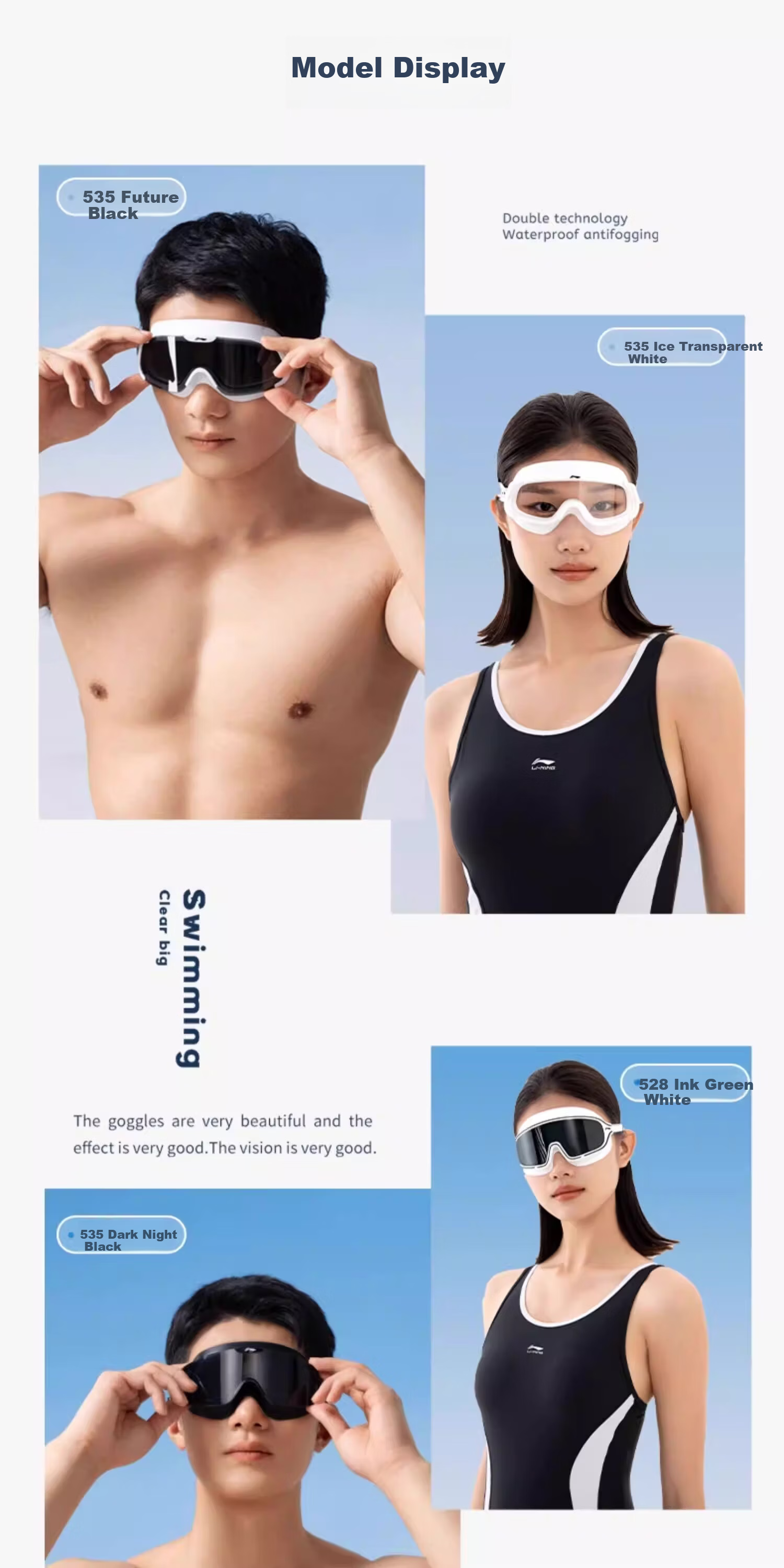 LI-NING Men's HD Anti-Fog Waterproof Prescription Large Frame Swimming Goggles Professional Swim Cap Women's Diving Adult 11