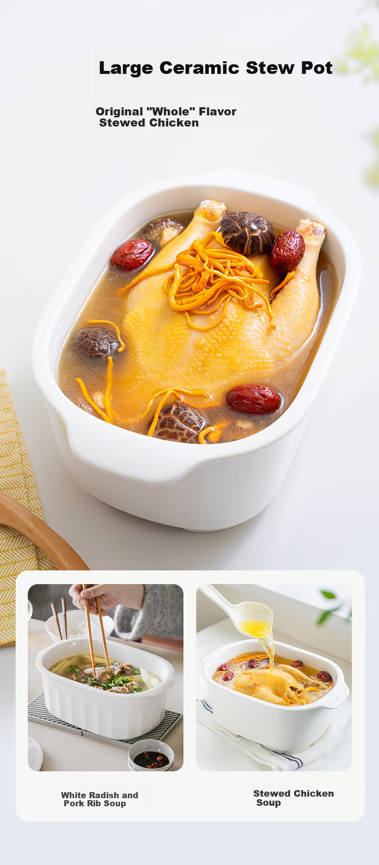 Buydeem Ceramic Large Stew Pot 2L Ceramic Steaming Bowl Soup Pot Household Tableware Microwave Bowl Steaming Stew Pot Compatible with Electric Oven Pear Blossom White Accessories 8