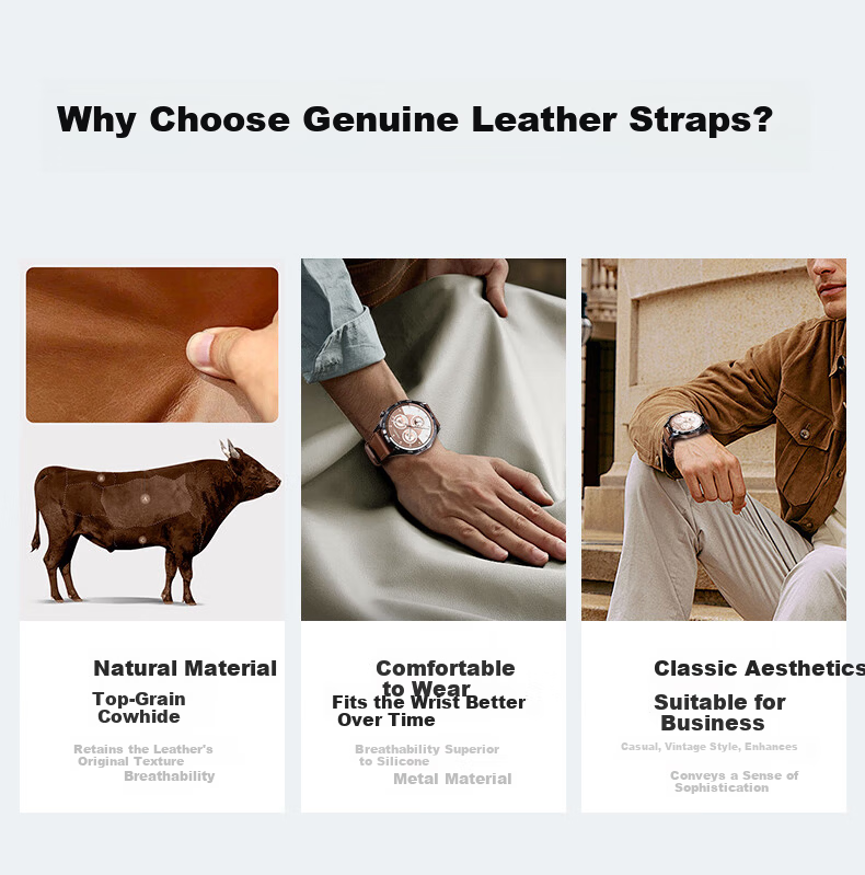 Binghong Genuine Leather Watch Strap for Huawei GT6 GT5 GT6 Pro GT5 Pro Watch Ultimate 2 Watch5 GT4 3-Button Press White 46/22mm 2
