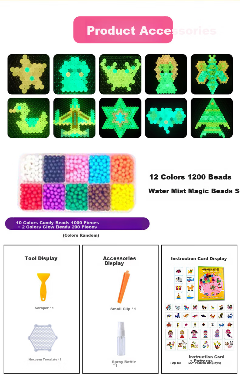Baili Frost Night Glow Water Mist Magic Beads Children's DIY Craft Kit New Creative Perler Beads Toy 1200 Pieces 10