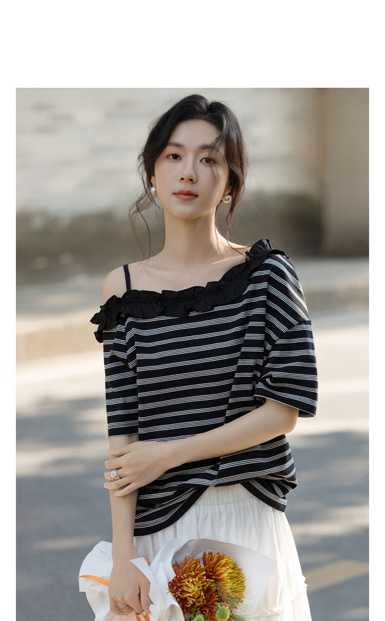 Demana Skin-friendly Cotton-Amino Summer Off-shoulder One-side Drop Shoulder Ruffle Edge Striped Slim Loose T-shirt for Women Premium 11