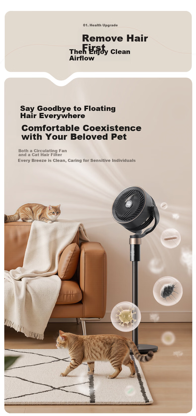 Midea Air Circulation Fan High Airflow Home Upright Upgraded Tall Floor Fan Bedroom Dormitory Quiet Purification Antibacterial Desktop Small Table Fan GAI24KL 4