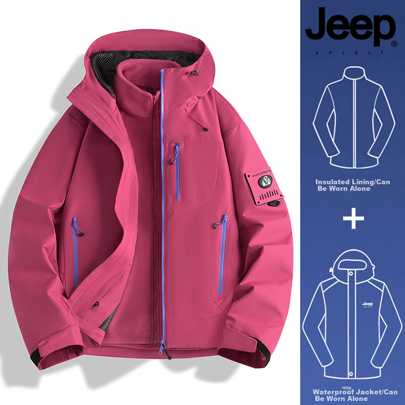 JEEP SPIRIT Outdoor 3-in-1 Waterproof Windproof Hiking Jacket Autumn Winter Couple Men's Pink M