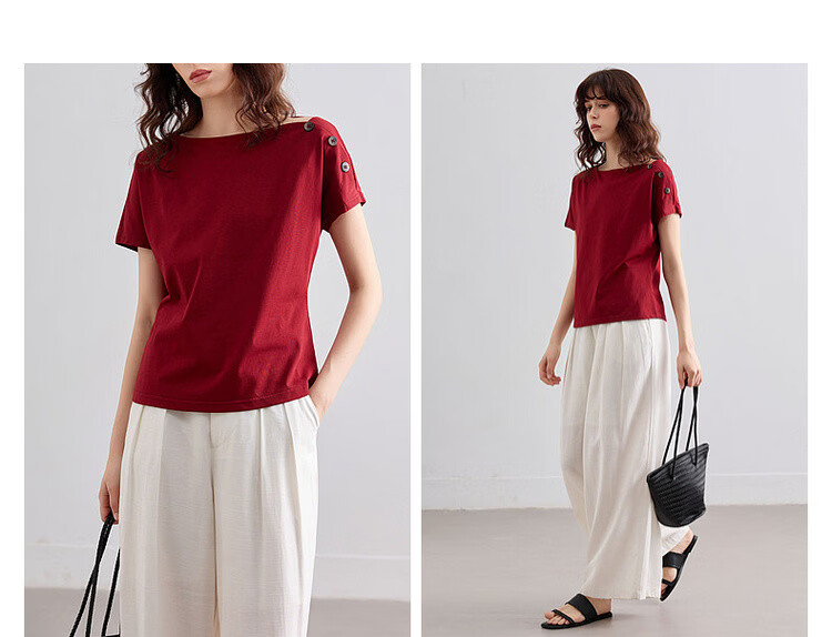 Demana [Cool Sorona] Summer Elegant Off-Shoulder Raglan Sleeve Button Decor Slim Fit Petite Women's T-Shirt 5