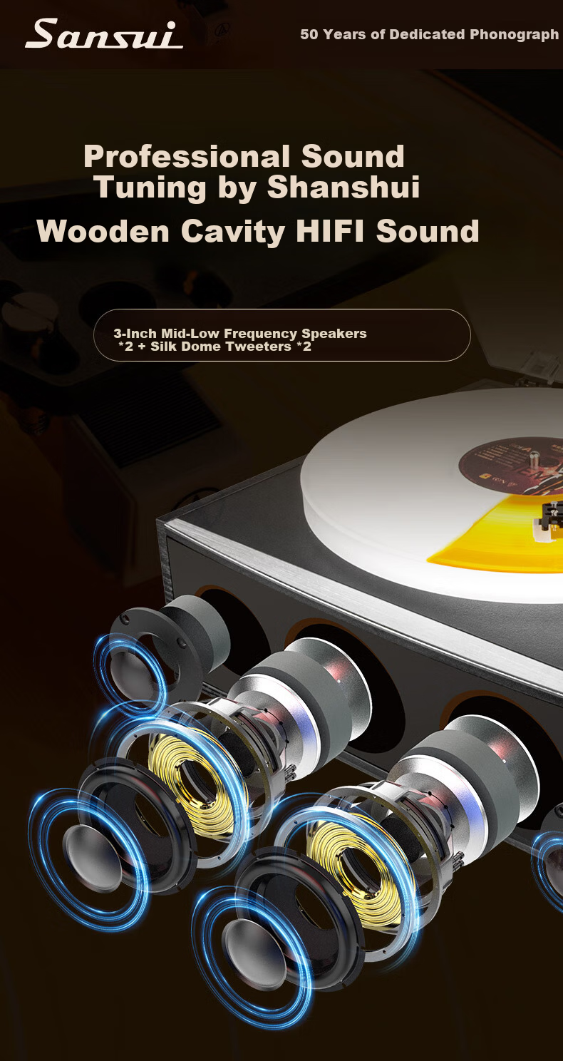 SANSUI Vintage Bluetooth Turntable with Ambient Light, Retro Vinyl Record Player, Integrated Phonograph, Luxury Home Audio Speaker, Birthday and Spring Festival Gift V19 10