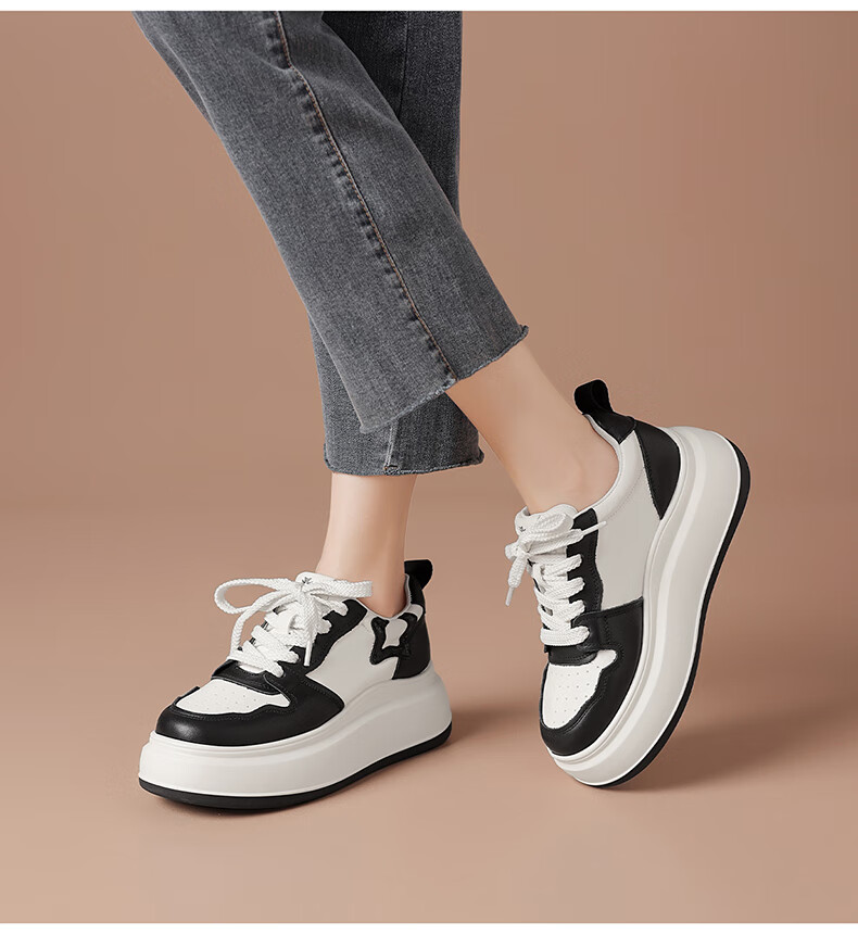 BOERDIQI Top-Grain Leather Versatile White Sneakers for Women, Thick-Soled Height-Increasing Casual Sports Shoes, White And Black, Size 36 21