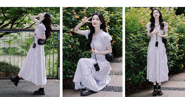 Mt [Early Summer Time] Summer Dopamine Fresh Lace-up V-neck Ruffle Puff Sleeve Waist-cinching Elegant Dress 6