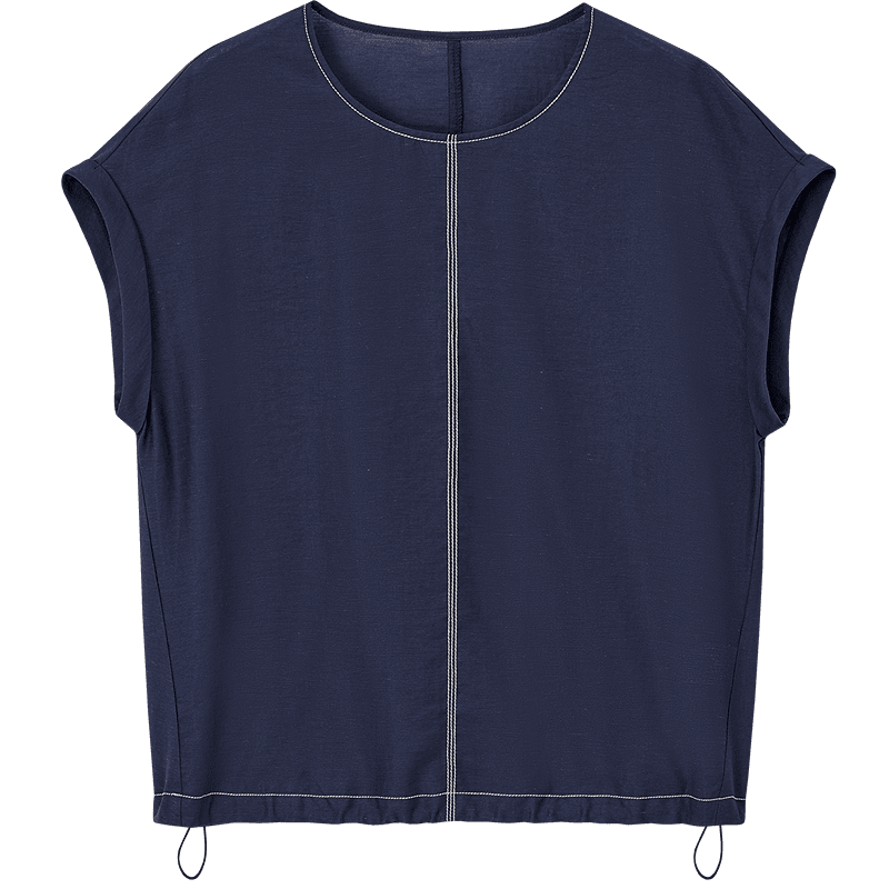 Demana [With Linen] Summer Elegant Drop Shoulder Sleeve Color-Block Stitching Drawstring Hem Loose Slim Shirt for Women High-End Feel
