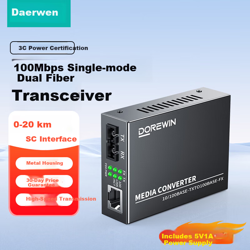 DOREWIN 100Mbps Single-Mode Dual-Fiber Optical Transceiver Lightning Surge Protected Fiber to Ethernet Converter Network Monitoring SC Interface 20KM Single Unit