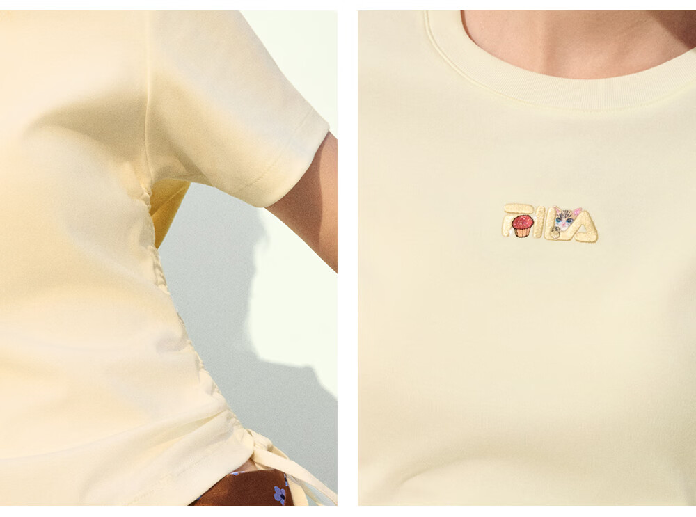 FILA Yang Mi Same Style Knitted Short Sleeve Shirt Women 2026 Summer Side Drawstring Fashion Casual Embroidered Logo Slim T-Shirt 29