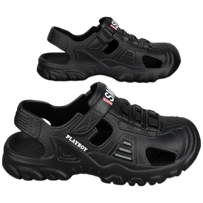 PLAYBOY Men's Summer 2026 Breathable Closed-Toe Sandals Thick-Soled Beach Shoes Black Gray Size 44/45