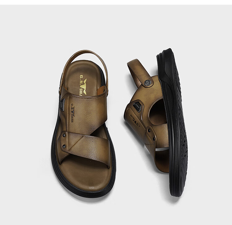Bull Family Men's Leather Summer Sandals New Soft Sole Beach Shoes Casual Dual-Purpose Slippers Versatile Dad Shoes 25