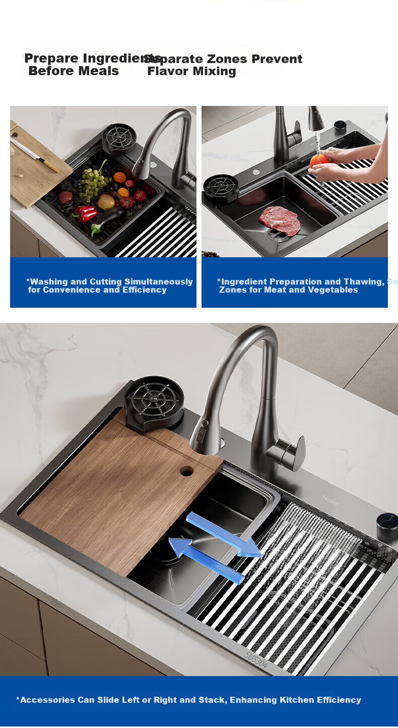 Haier Large Single Bowl Kitchen Sink Thickened 304 Stainless Steel Sink with Strainer and Drain Basket Waterfall Dishwashing Basin 15