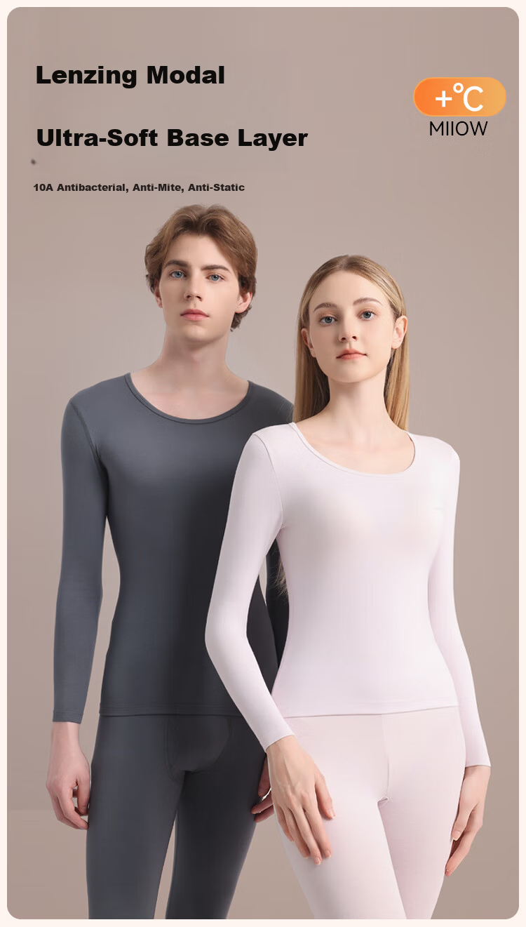 MiiOW 10A Antibacterial Modal Thermal Underwear Set for Men and Couples, Thin Slim Fit Base Layer, Autumn Shirt and Pants, Gray Blue, Size L 1