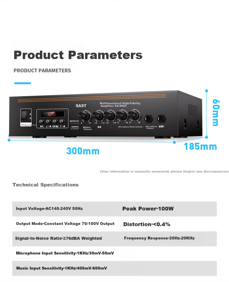 SAST 100W High Power Constant Voltage Amplifier Bluetooth Public Address Home Amplifier Ceiling Speaker U Disk Wall-mounted Audio Store Meeting Home Theater System 4