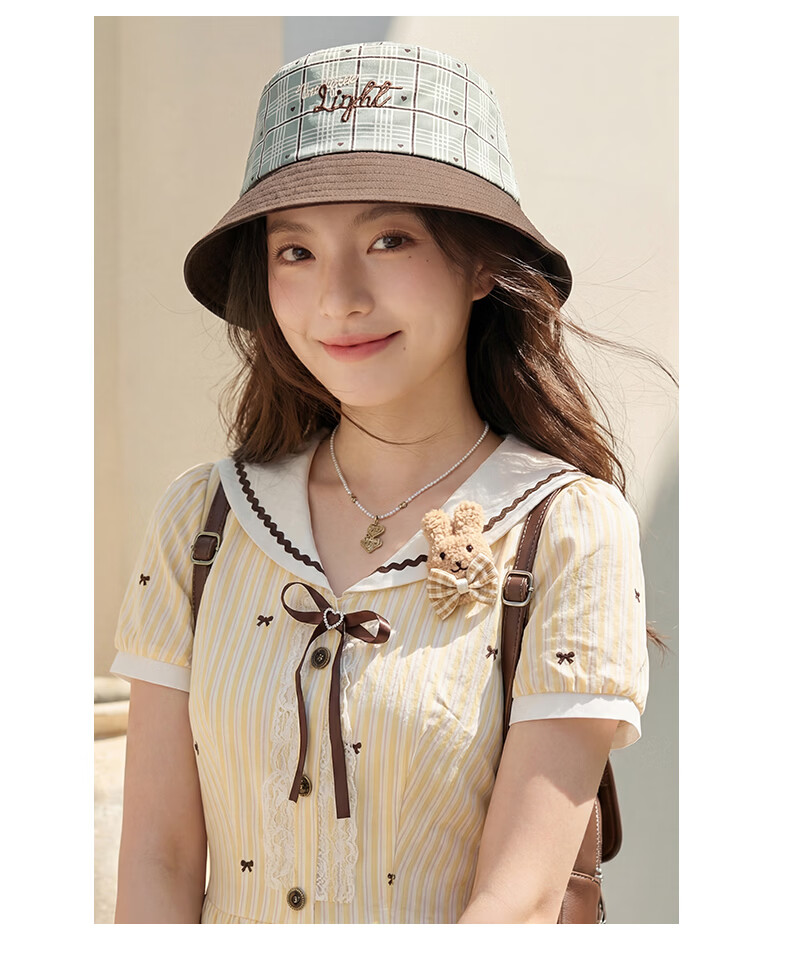 CACUSS Women's Summer Vintage Plaid Cotton Bucket Hat Small Face Outdoor Sunshade Cap Coffee Color 7